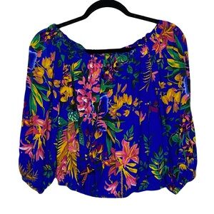 Cynthia Rowley Blue Tropical Floral Off Shoulder Smocked Crop Top Size Medium